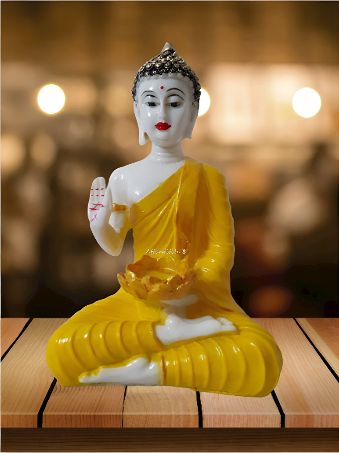 Afterstitch Buddha with Diya in Hand Yellow Polyresin Glossy Prayer Room Medium Showpiece - 10.2 Inches