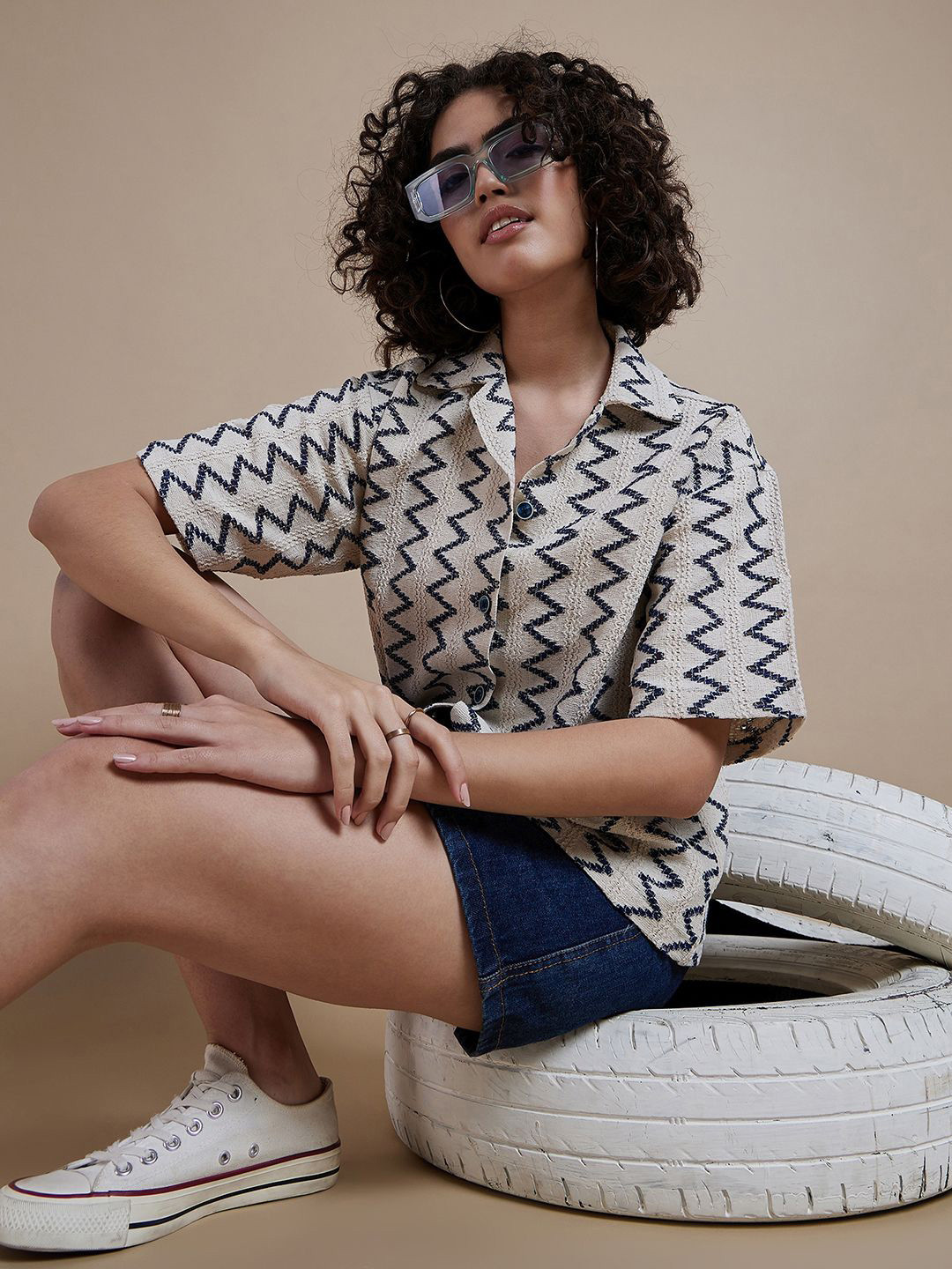 DressBerry Chevron Self Design Cuban Collar Boxy Crochet Cotton Casual Shirt