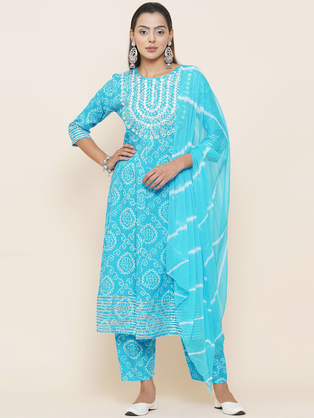 LABEL KASHI Bandhani Printed Mirror Work Anarkali Kurta With Trousers & Dupatta