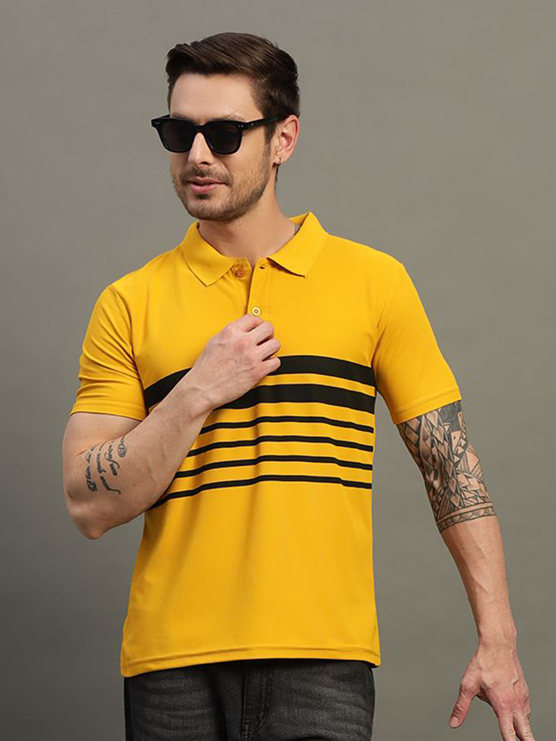 TIMBER HITCH Striped Short Sleeves Polo Collar Cotton T-shirt