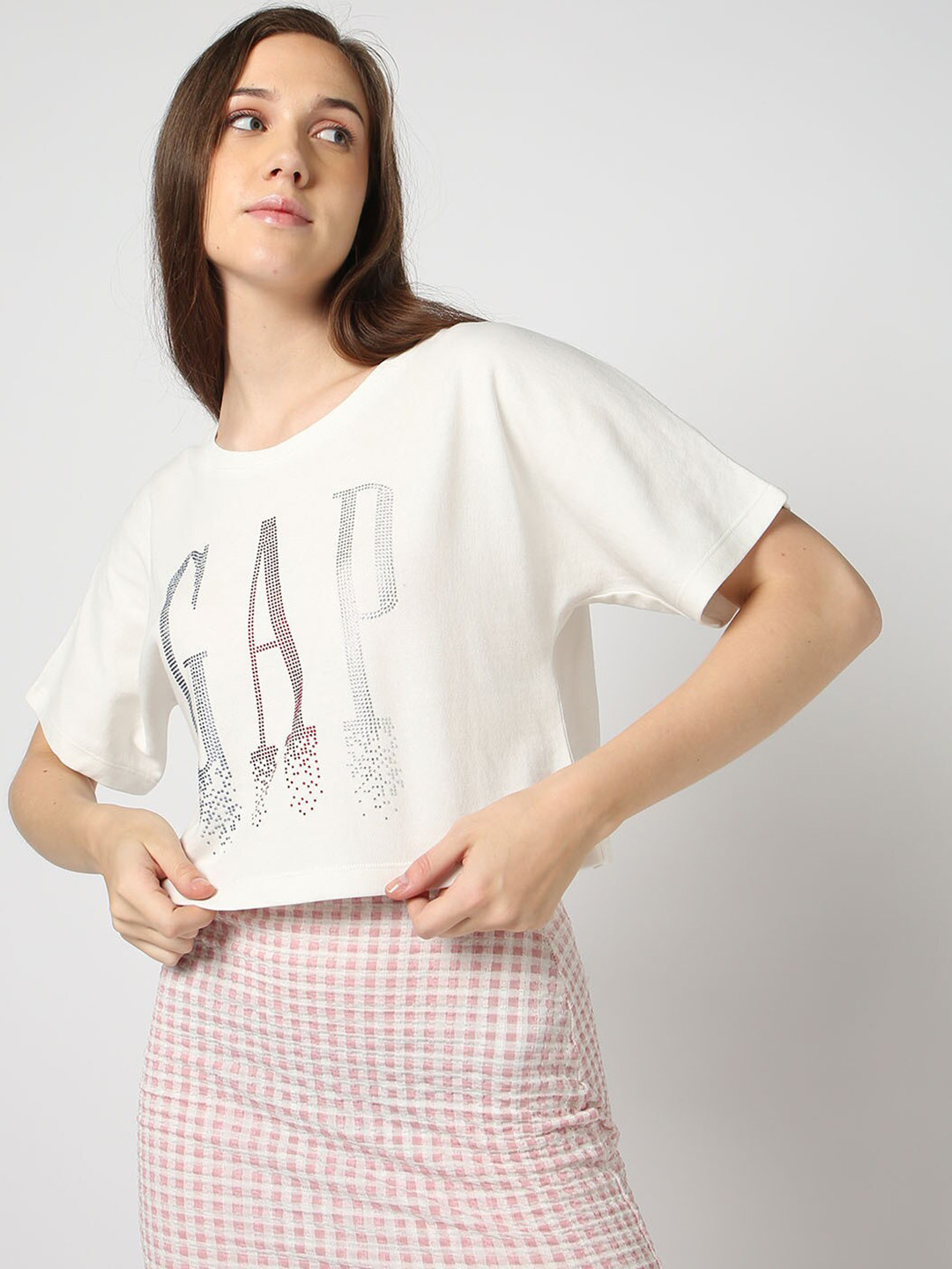GAP Brand Logo Embellished Stone Studs Pure Cotton Crop T-shirt