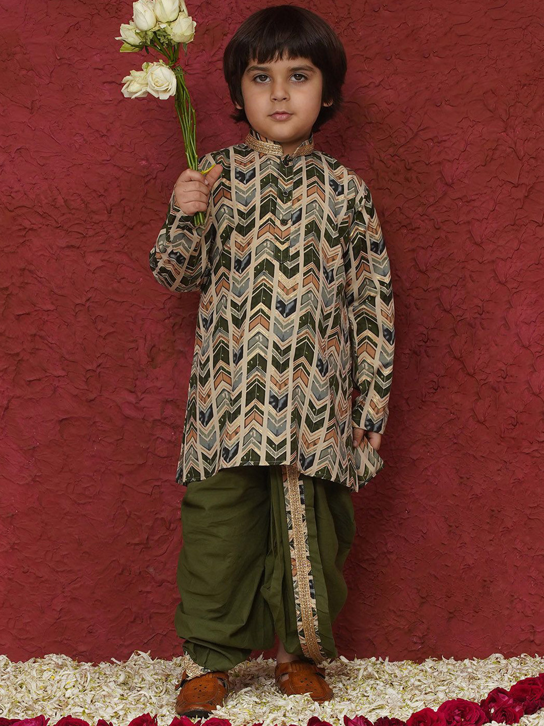 Aj DEZInES Boys Green Cotton Full sleeves Abstract Print Dhoti Kurta