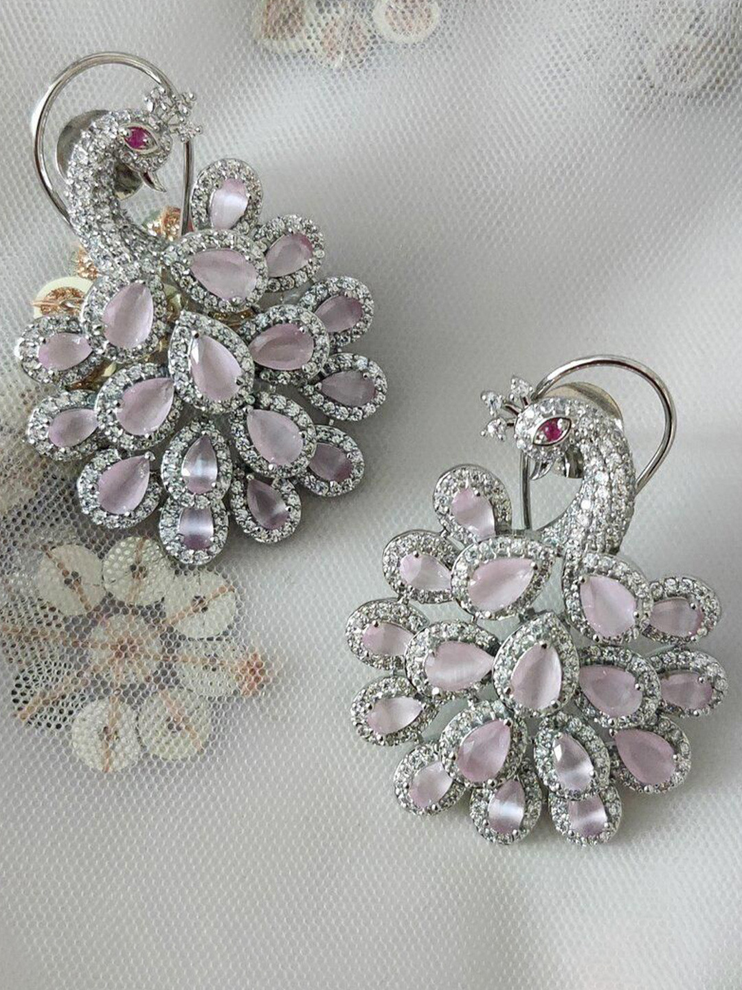 Crown Fabulous Jewellery Silver-Plated Peacock Shaped American Diamond Teardrop Studs