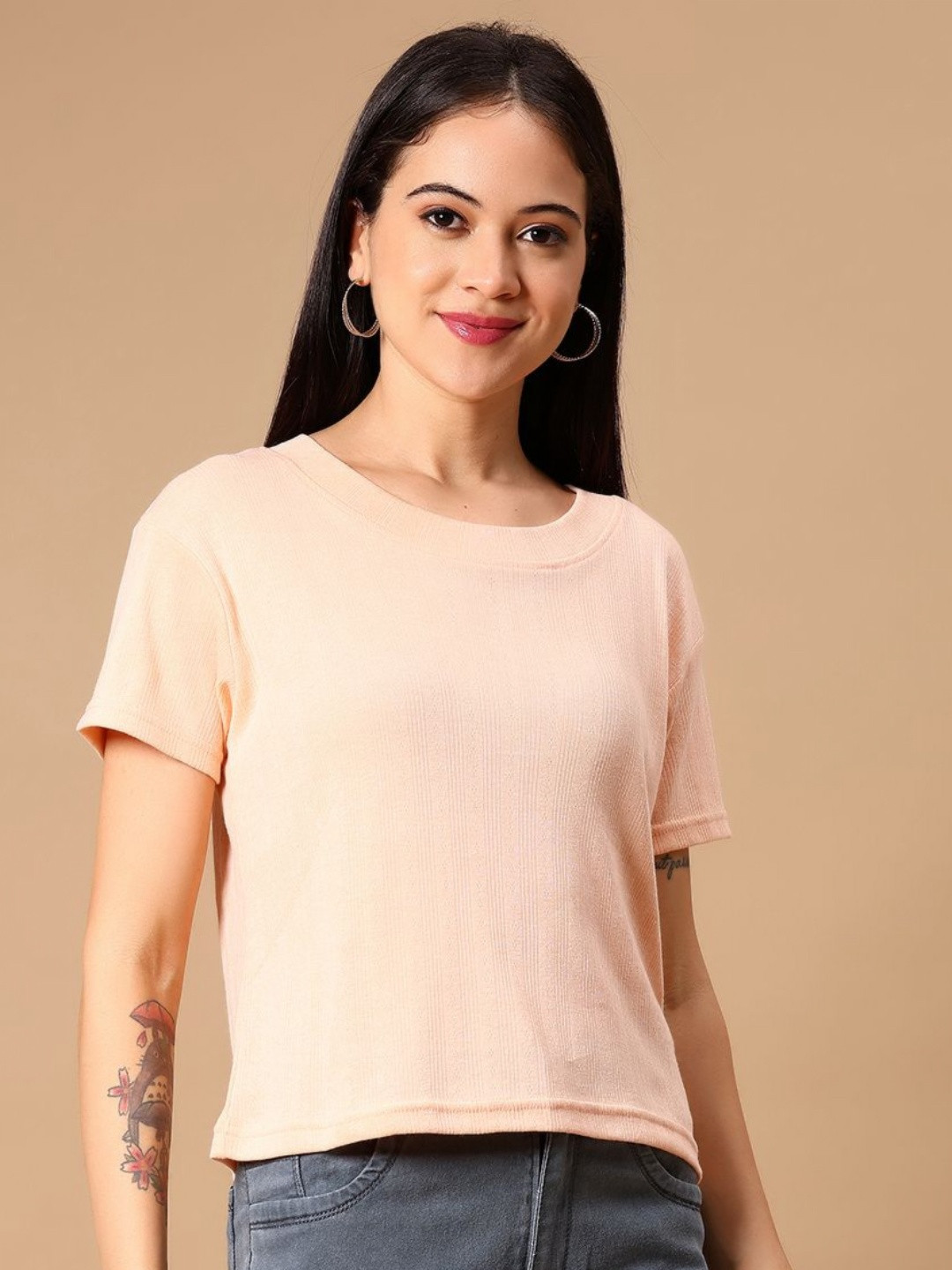 V-Mart Rib Self Design Round Neck Regular Fit T-shirt