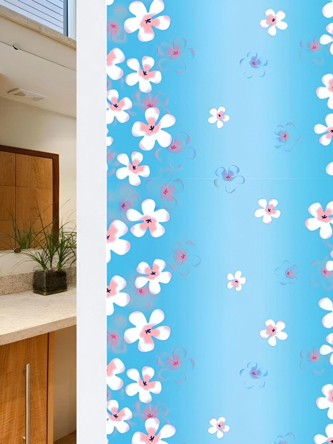 INDIAN ROYALS Blue & White Flower  Printed Self-Adhesive & Durable Window Sticker