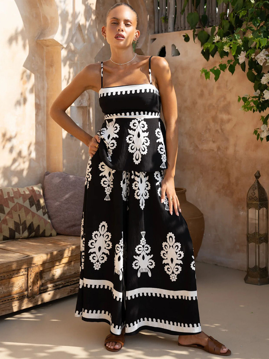 Routes by All About You Printed Shoulder Strap Neck Top With Palazzo Co-Ords