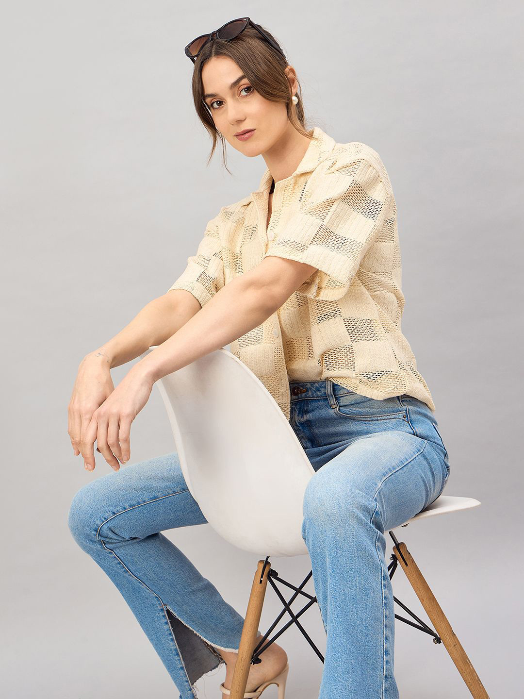 DressBerry Geometric Self Design Cuban Collar Boxy Crochet Cotton Casual Shirt