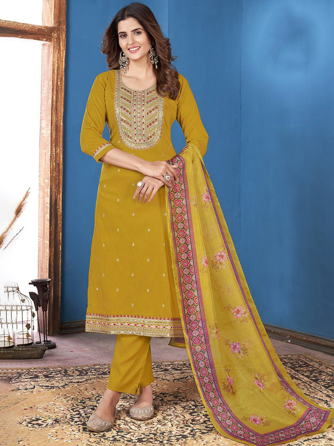 SHILL INTERNATIONAL Women Ethnic Motifs Embroidered Linen Kurta with Trousers & Dupatta