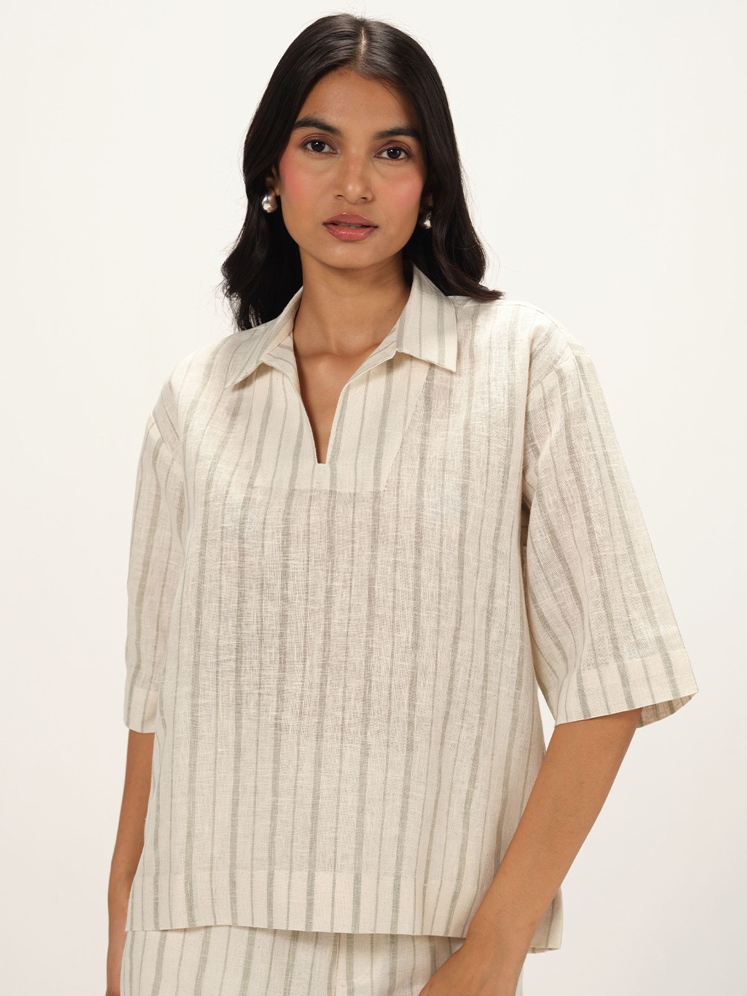 Shop Staple Women Striped Linen V Neck Shirt Style Top