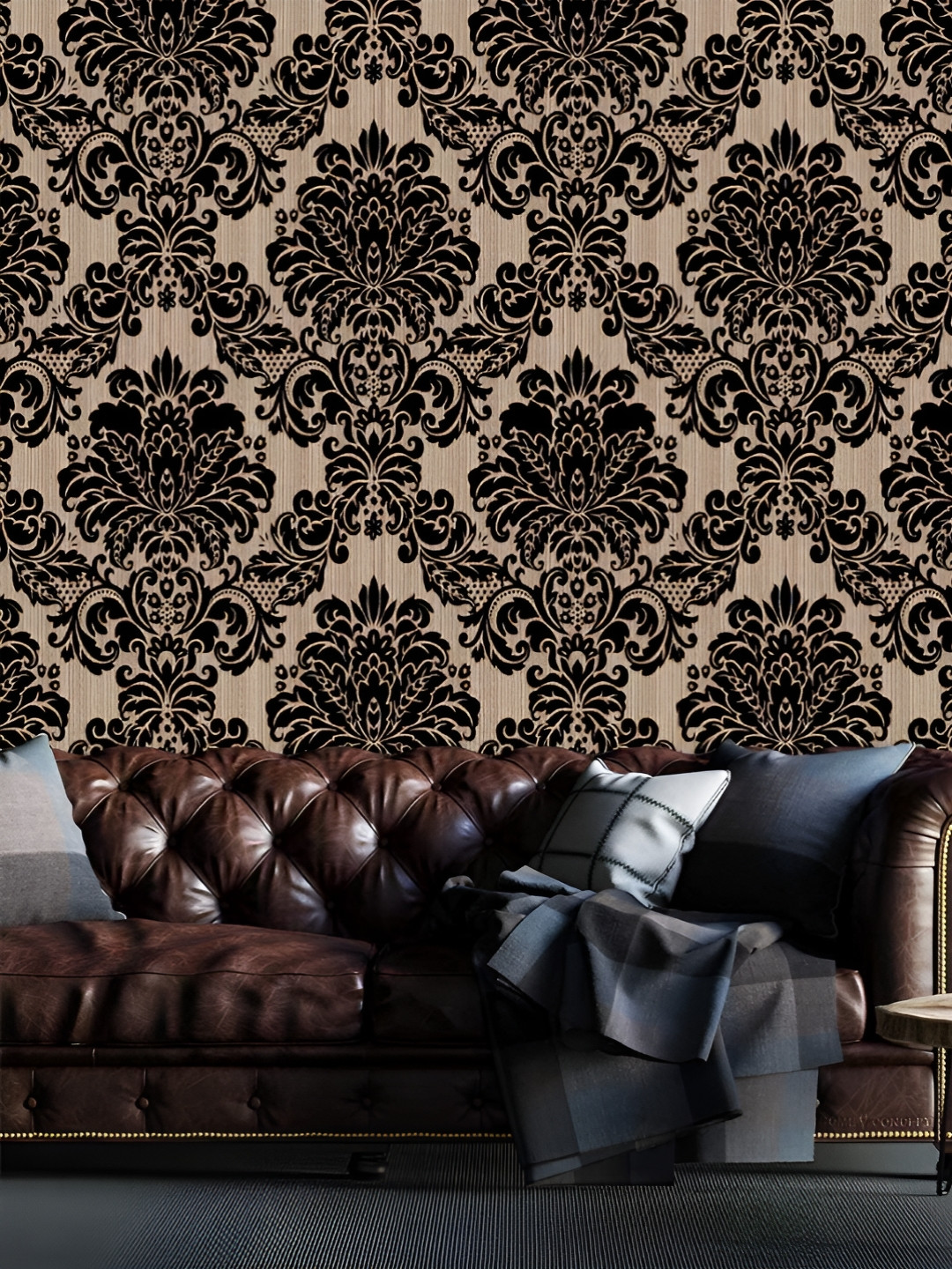 INDIAN ROYALS Black Damask Design Printed Self-Adhesive & Durable Wall Sticker