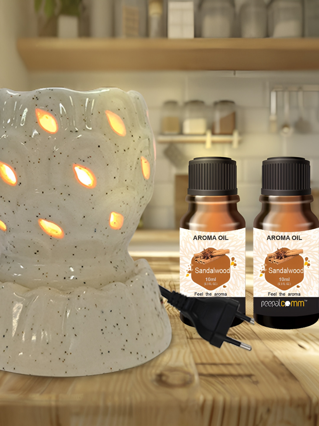 PEEPALCOMM 3Pcs White Electric Leaf Round Diffuser With Sandalwood Aroma Oils - 10ml Each