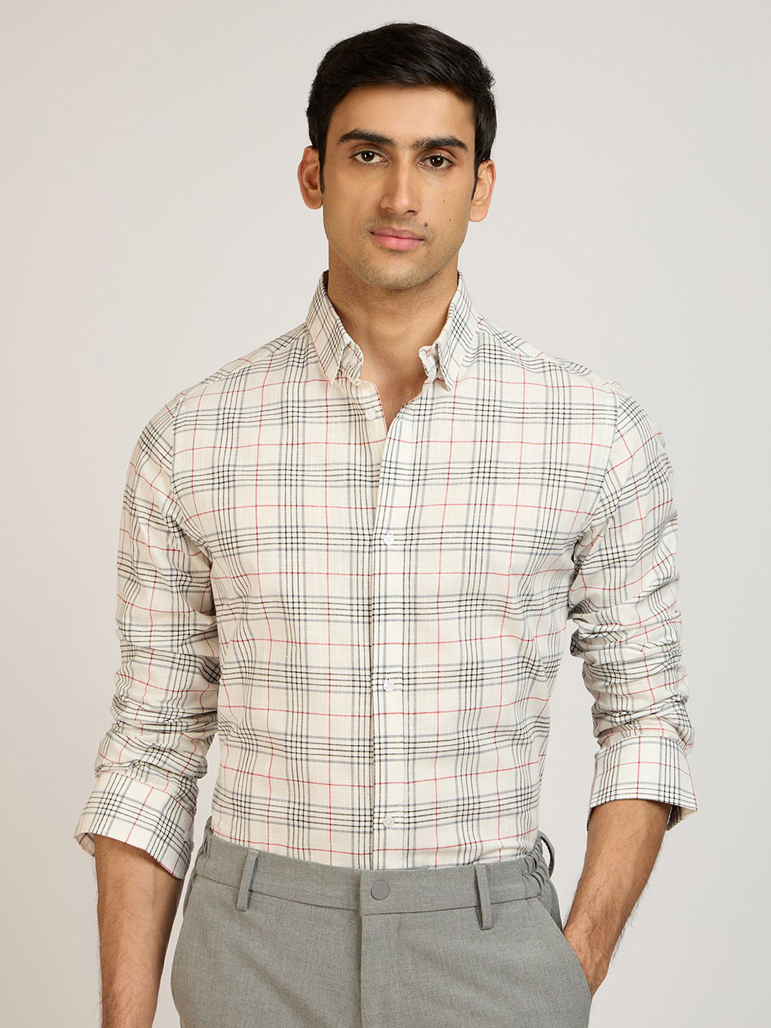 PB & J Tartan Checks Checked Spread Collar Cotton Slub Shirt