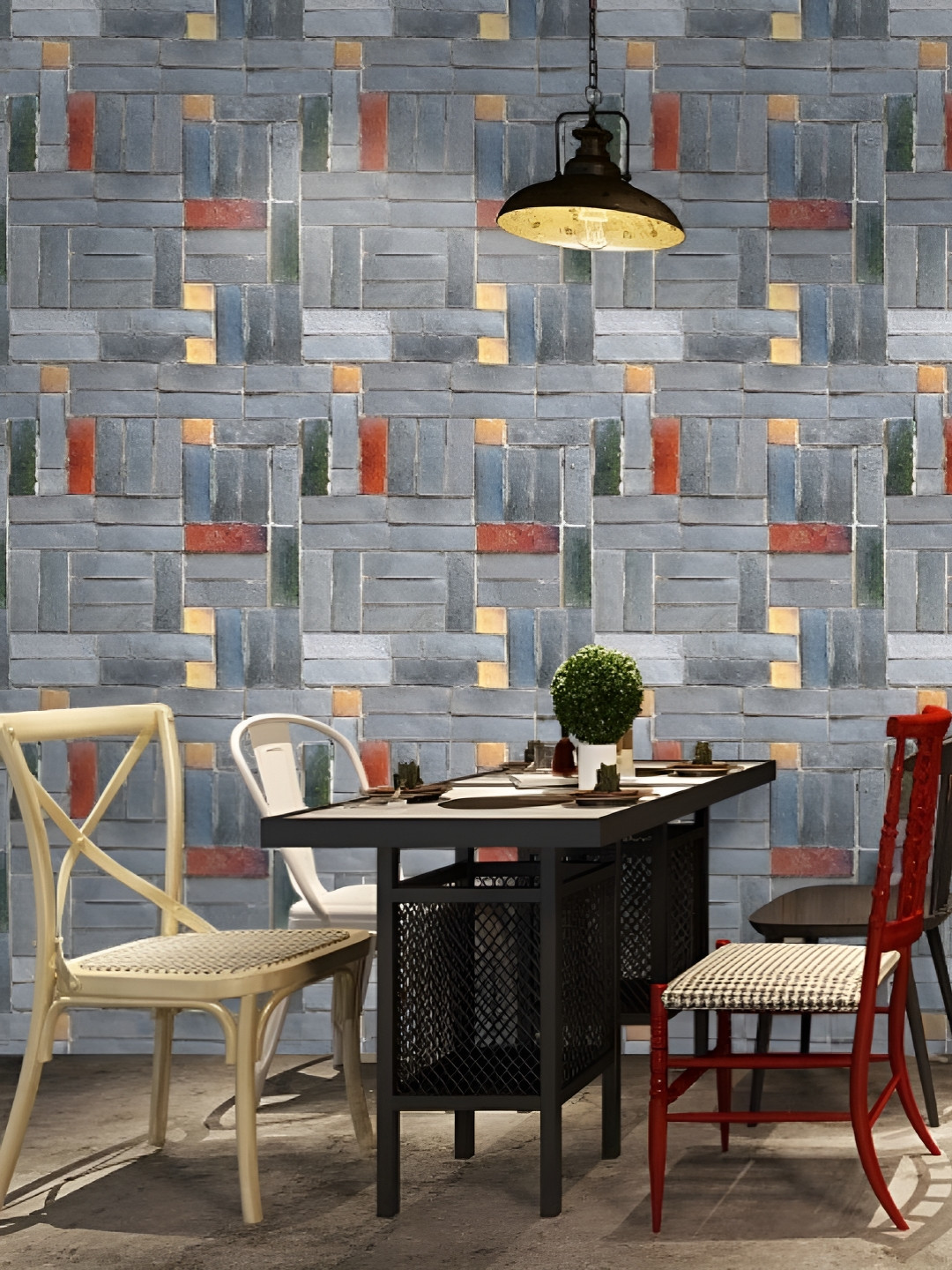 INDIAN ROYALS Grey & Red Printed Brick With Stone Waterproof Wall Sticker