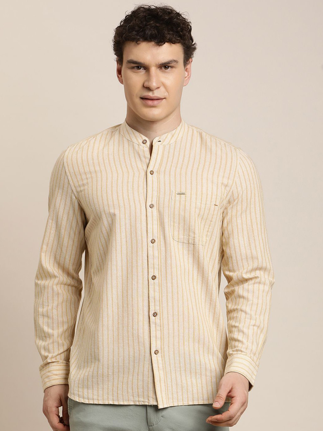 Turtle Relaxed Slim Fit Vertical Stripes Khadi Casual Opaque Shirt