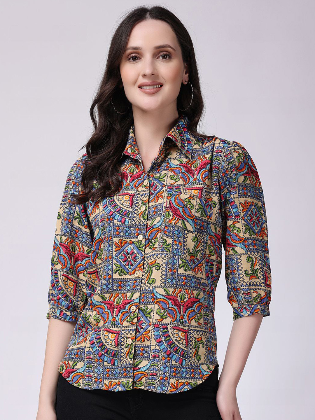 SCORPIUS Classic Semi Sheer Printed Puff Sleeves Casual Shirt