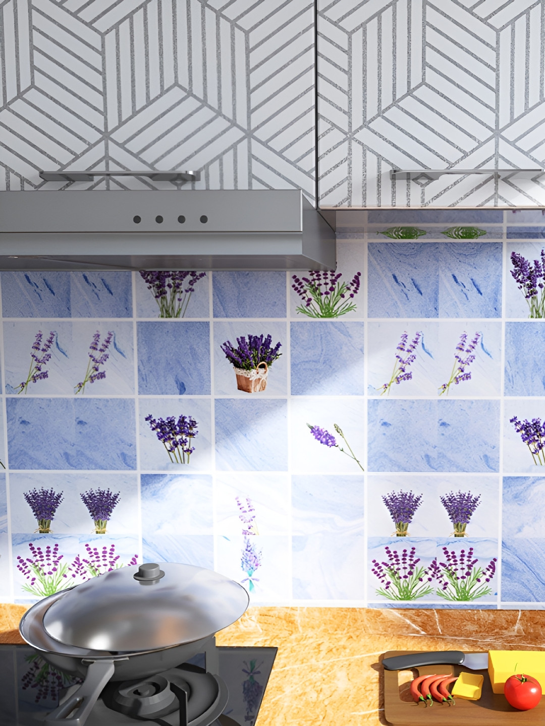 INDIAN ROYALS Voilet & White Flower Tile Printed Self-Adhesive Wall Sticker