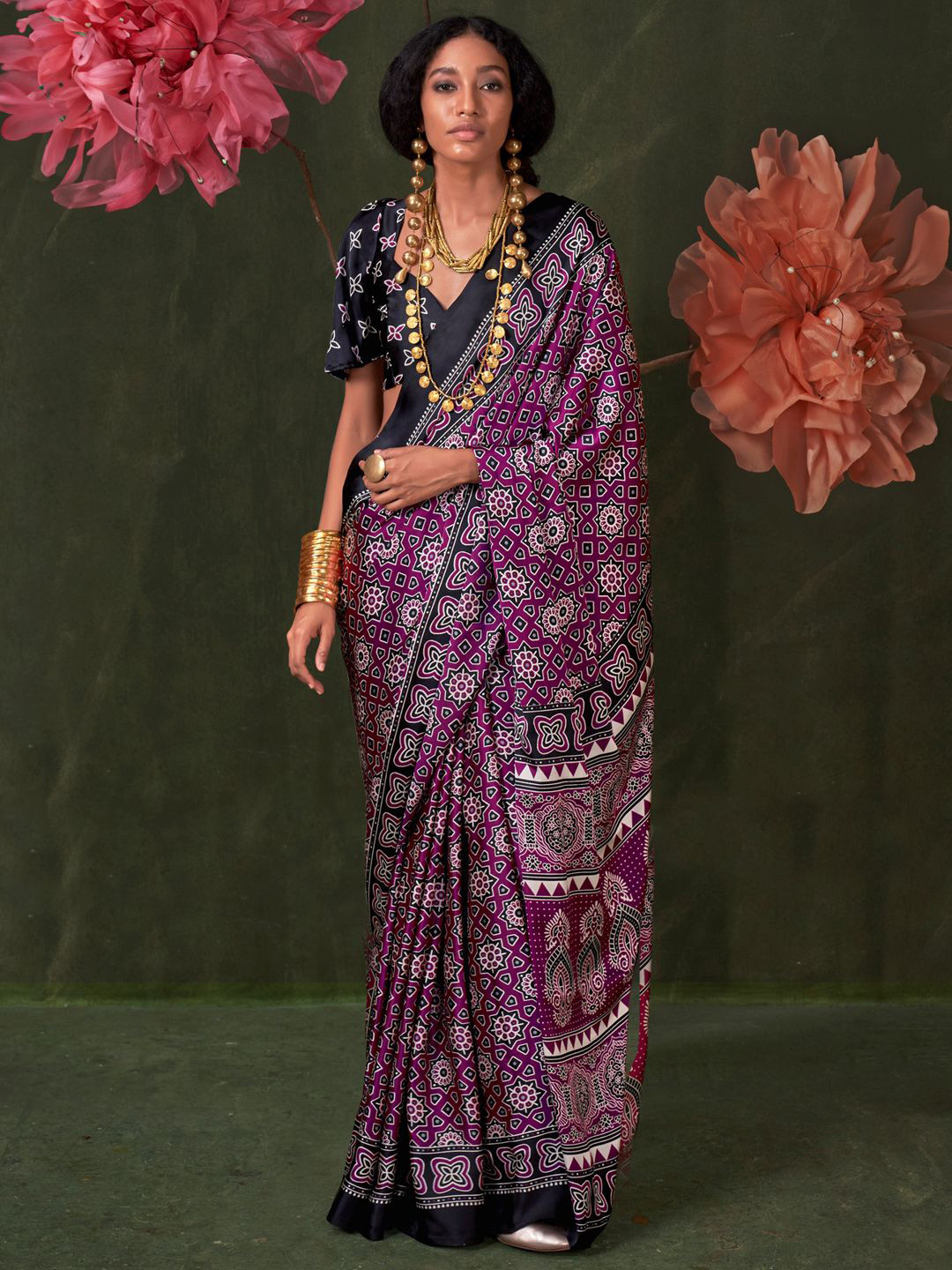 Mitera modal Ajrak Block Designer Block Print SareeWith Blouse Piece