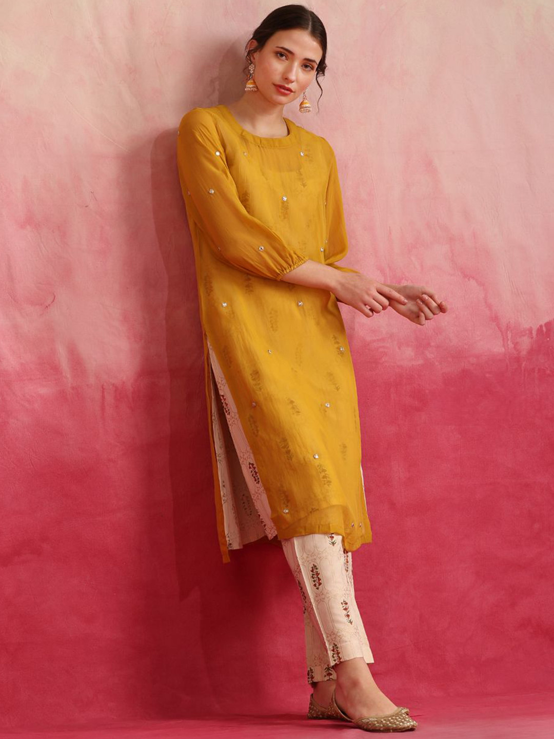 Khushal K Floral Printed & Mirror Work Cotton Tunic With Trouser & Jacket Co-Ords