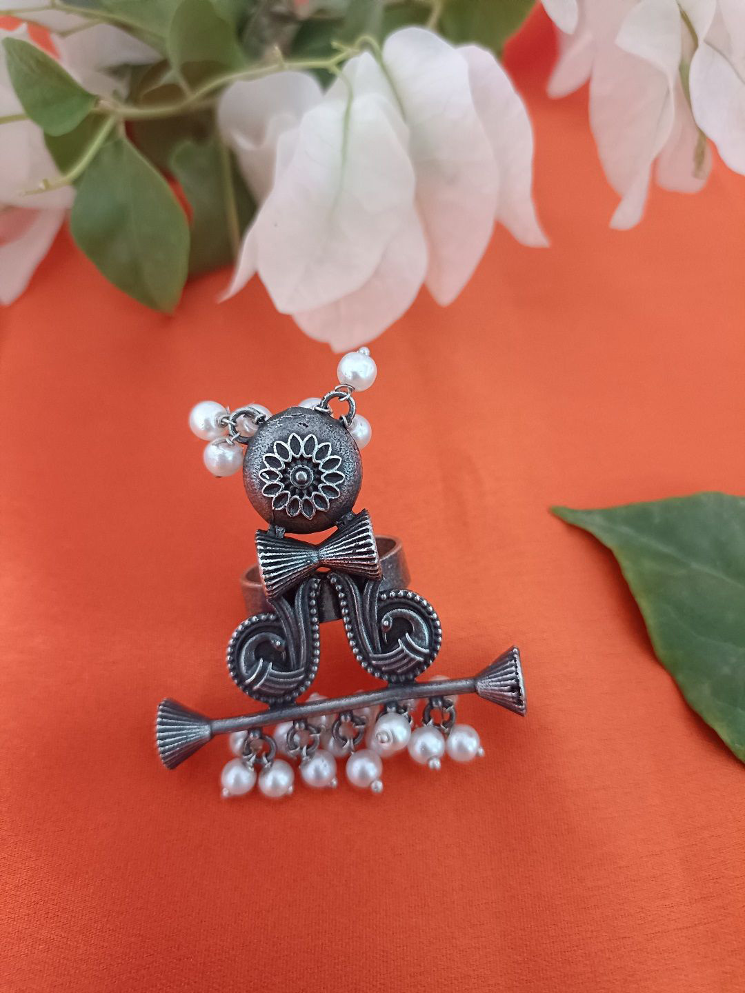 Sanjog Silver-Plated Oxidised Beaded Bugadi Flute Design Adjustable Statement Finger Ring