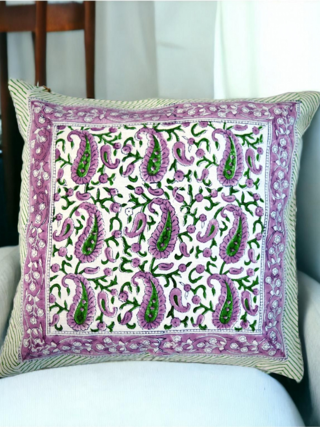 Fabric Venue Block Printed White & Purple Set of 5 Ethnic Motifs Square Cushion Covers
