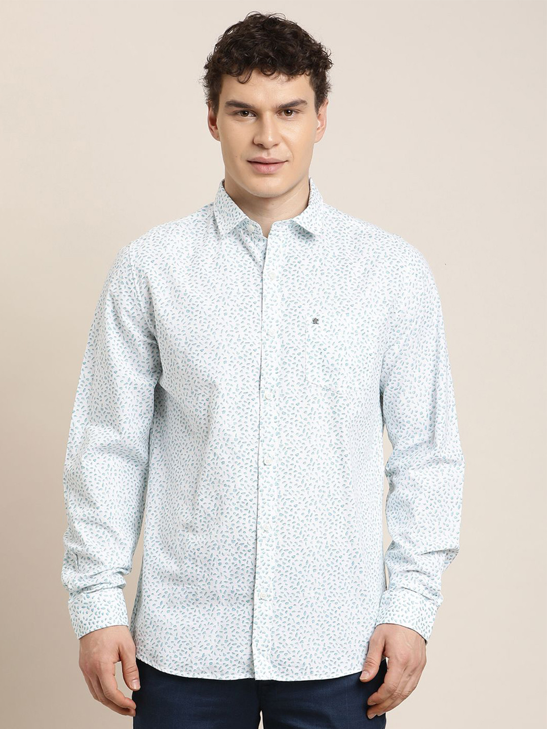 Turtle Relaxed Micro Ditsy Printed Cotton Linen Slim Fit Casual Shirt