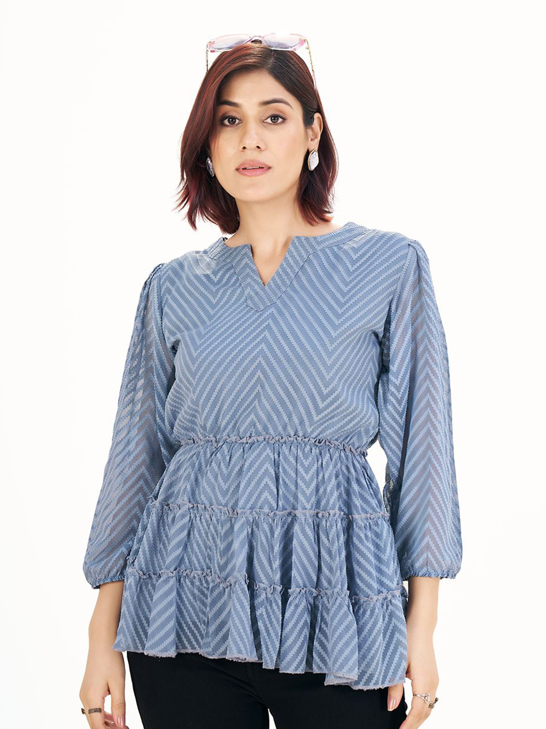 SHOPGARB Women 1 Vertical Stripes  Georgette Tiered Top