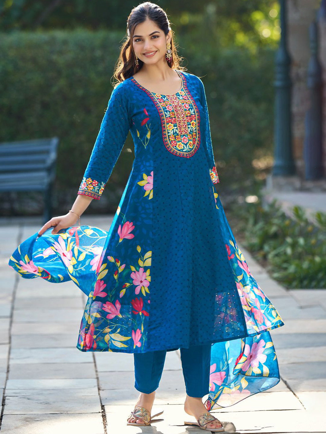 Colors of Earth Floral Printed Panelled Pure Cotton Anarkali Kurta With Trousers & Dupatta