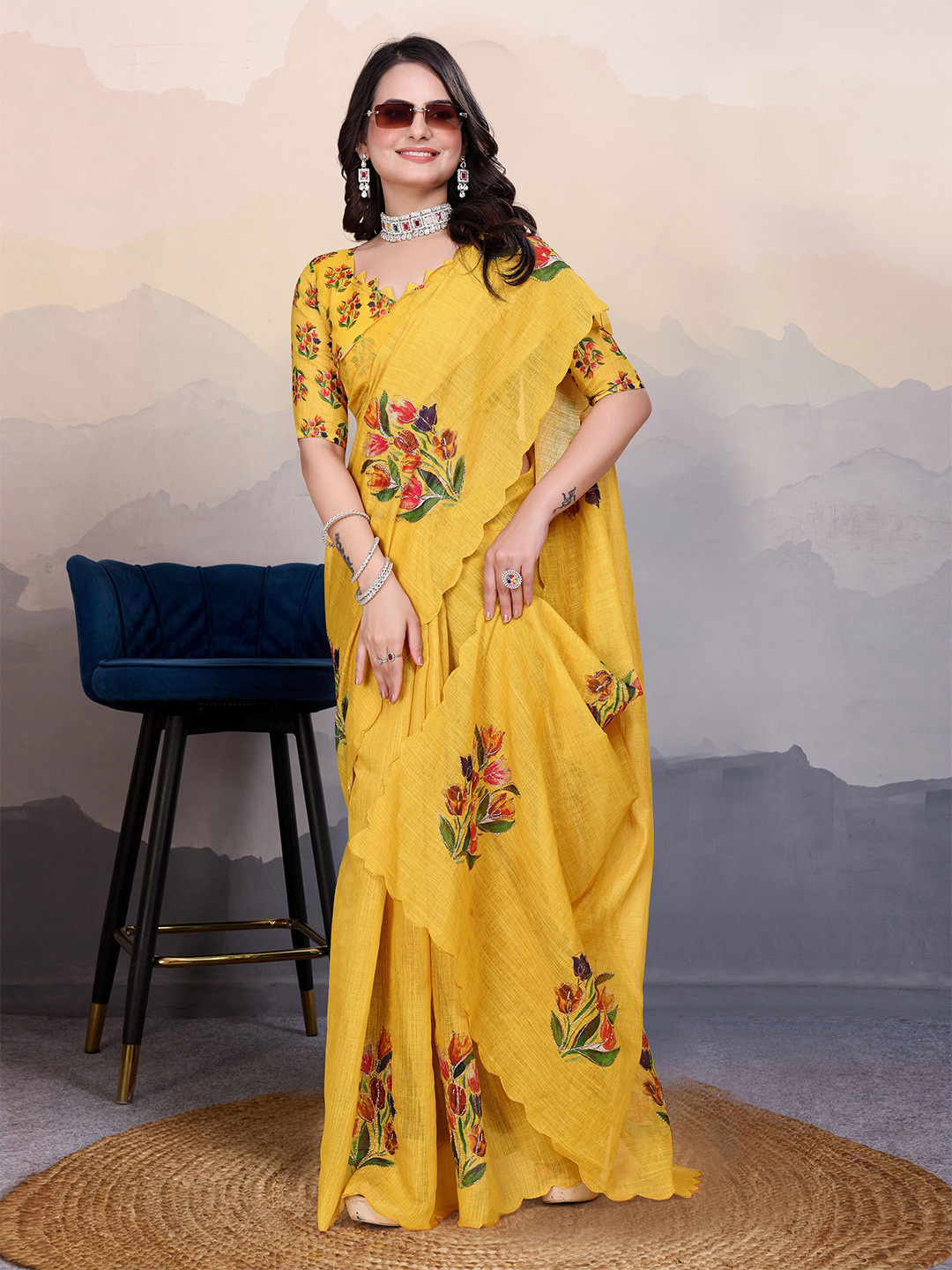 Sadika Floral Print Aari Work Linen Blend Arani Saree