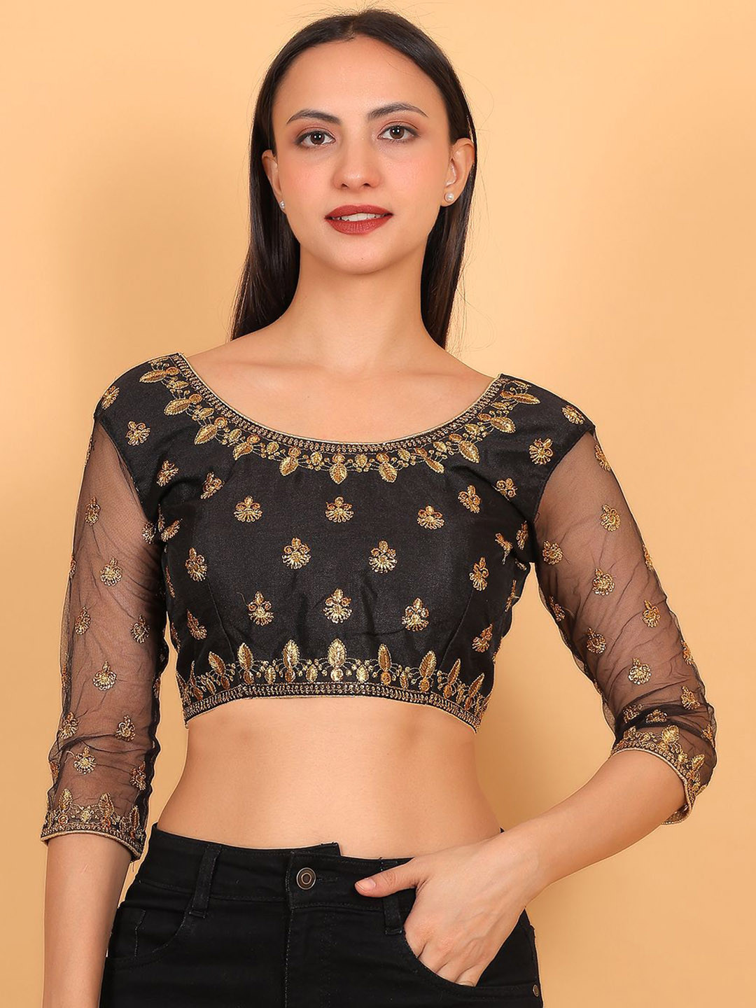 Trendzmy Embroidered Net Sleeve Blouse With Zari Work