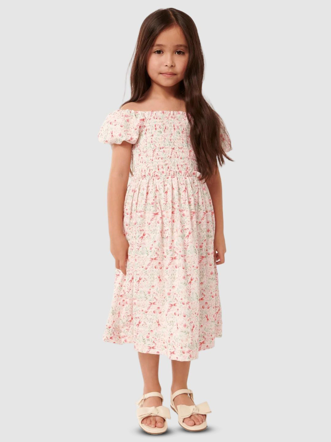 Forever New Girls Floral Printed Puff Sleeve A-Line Midi Dress