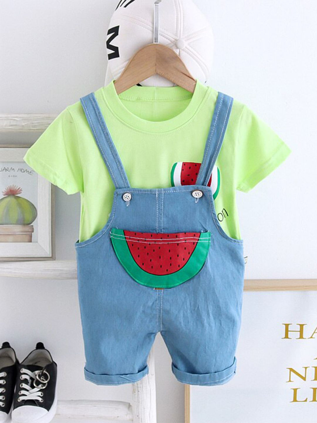 Bold N Elegant Infants Fruit Printed Short Dungaree With T-Shirt