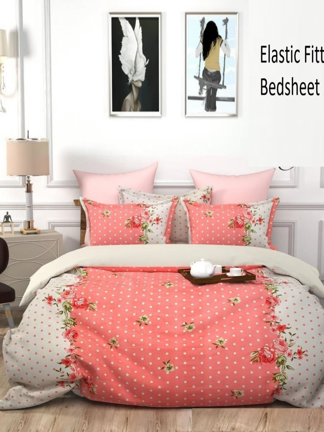 Aura Pink Floral Microfiber Dotted 144 TC Fitted King Bedsheet with 2 Pillow Covers-228 x 254cm