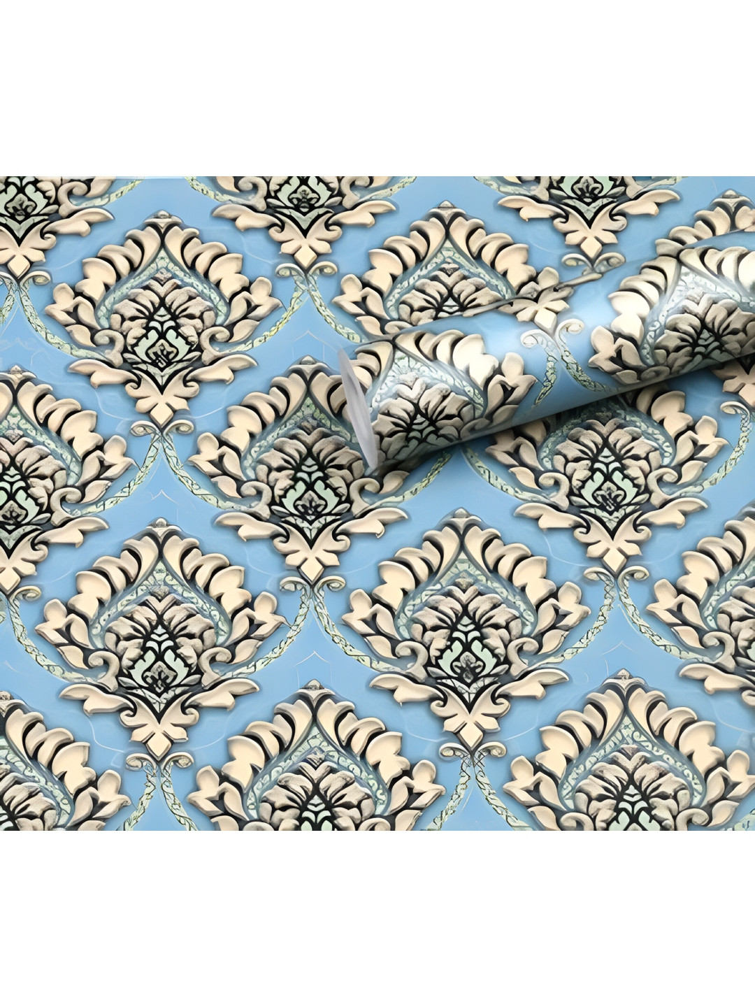 INDIAN ROYALS Blue & Beige Printed Damask Design Vinyl Home Dcor Waterproof Wallpaper