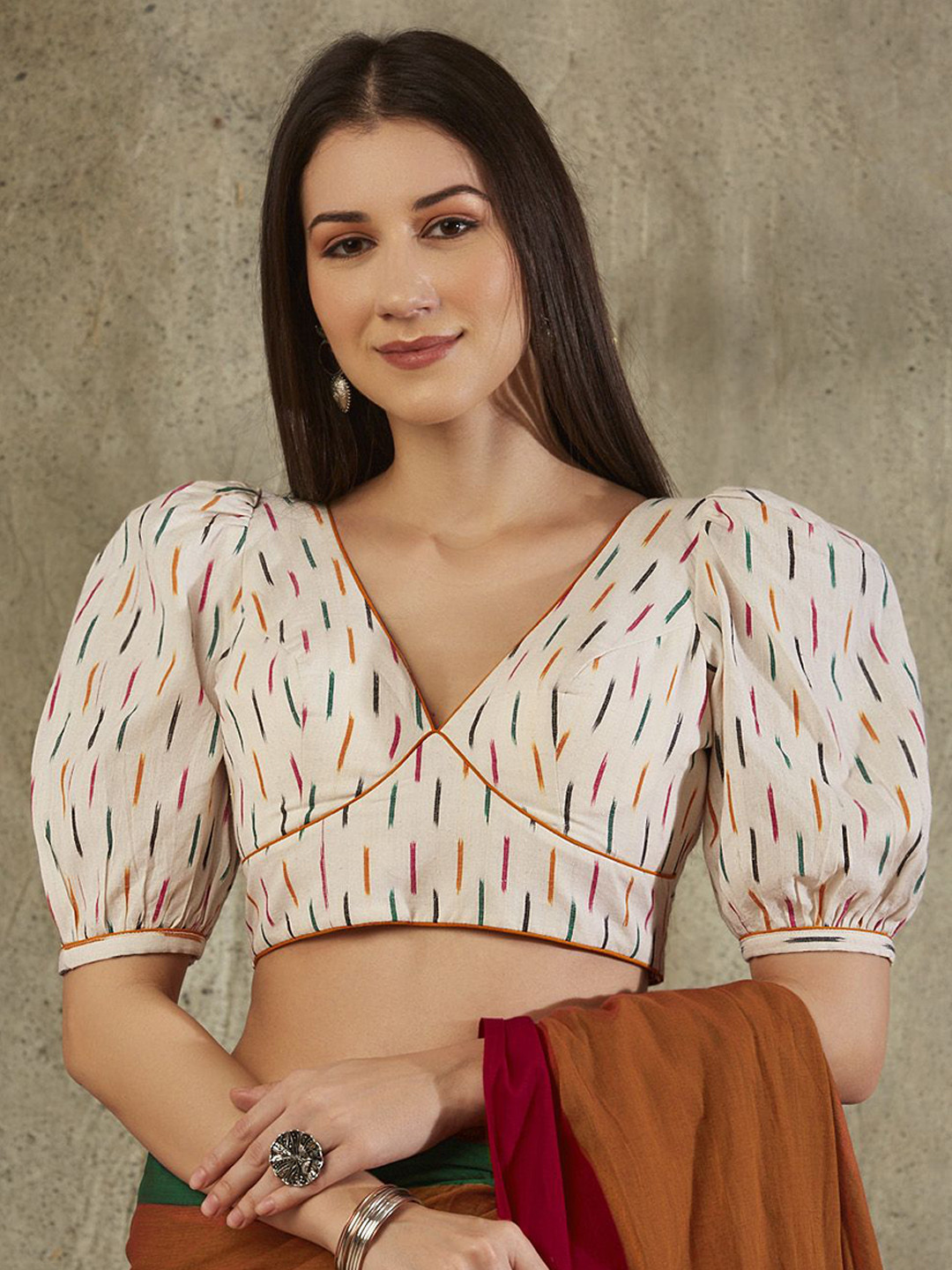 SALWAR STUDIO Printed Cotton Puff Sleeved Saree Blouse