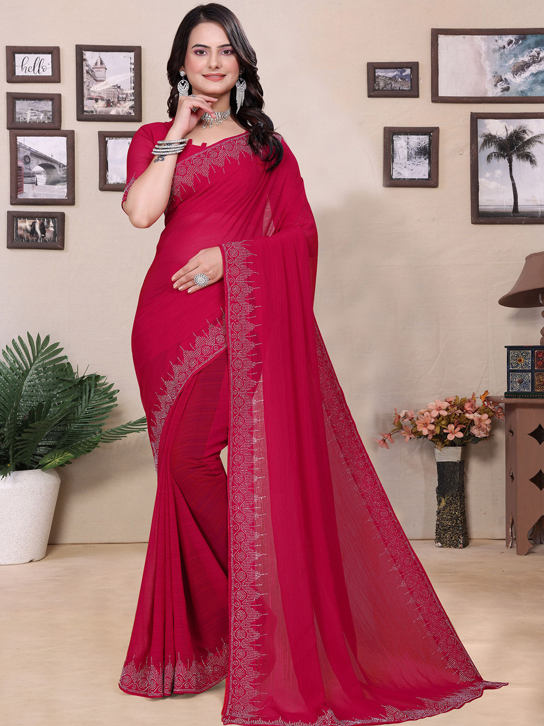 Sadika Beads and Stones Border Saree With Blouse Piece