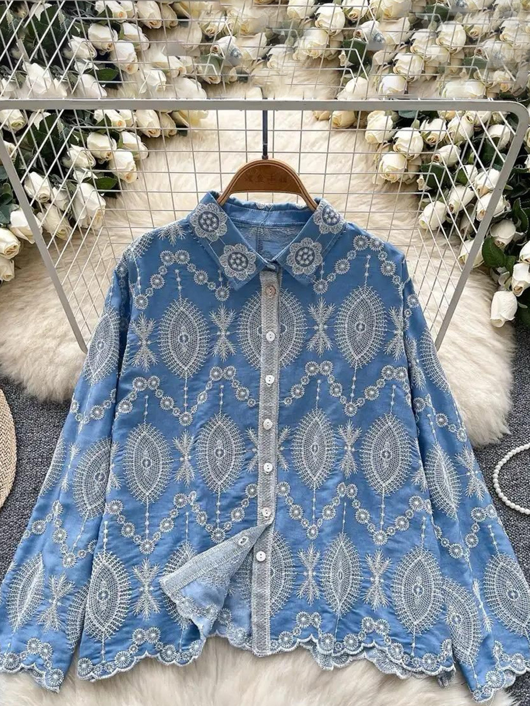 Miss Mosa By Akanksha  Blue Dion Premium Embroidered Cotton Shirt