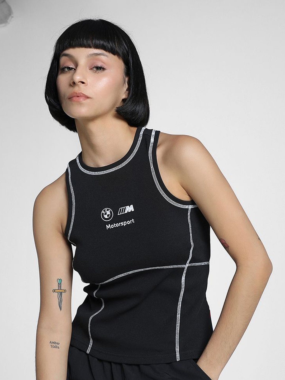 PUMA Motorsport Women Ribbed Print Round Neck Cotton Tank Top