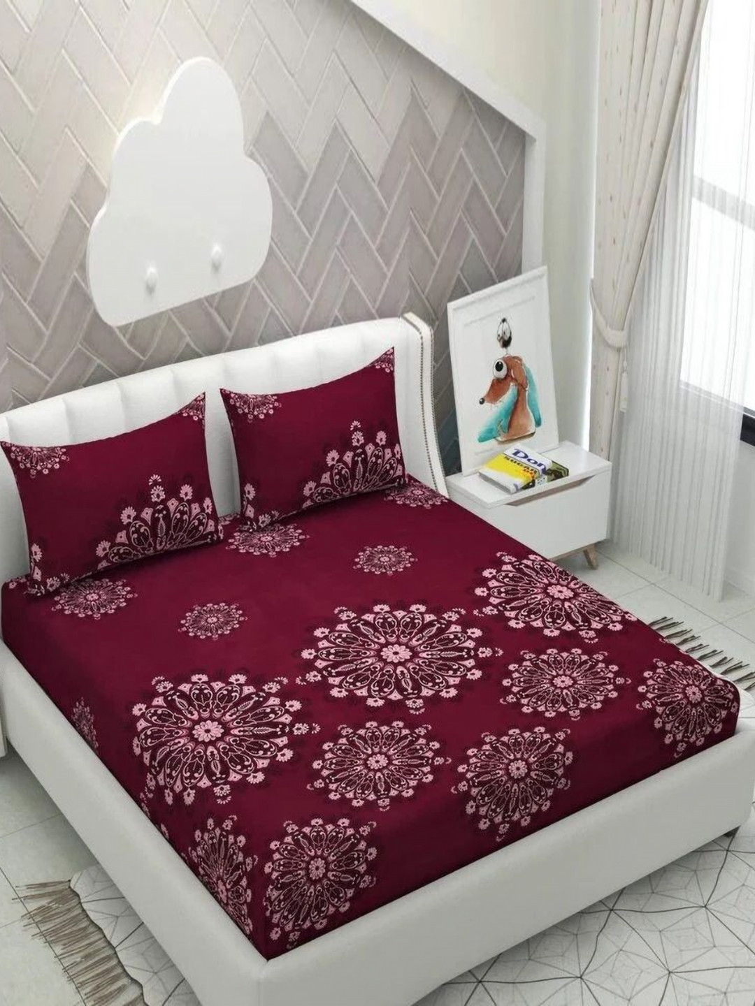 Aura Majestic Maroon Floral Microfiber 144 TC Fitted King Bedsheet with 2 Pillow Covers-228 x 254 cm