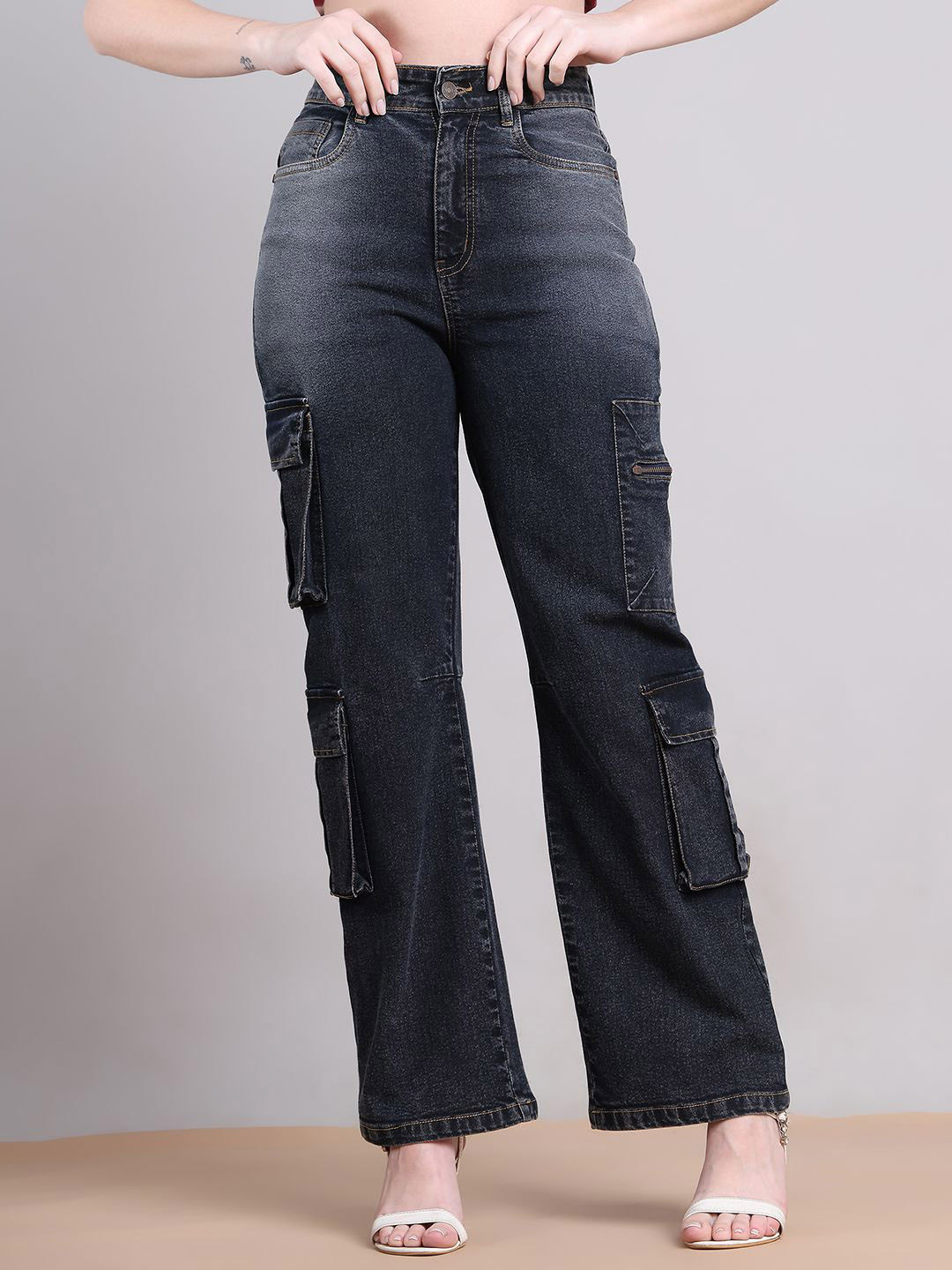 PUELLA Women Straight Fit High-Rise Stretchable Cargo Style Jeans