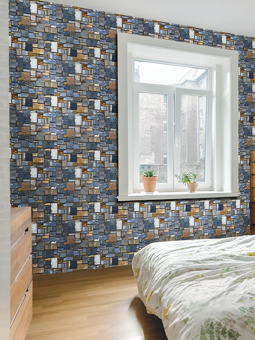 INDIAN ROYALS Blue & Brown Brick Printed Self-Adhesive & Durable Wall Sticker