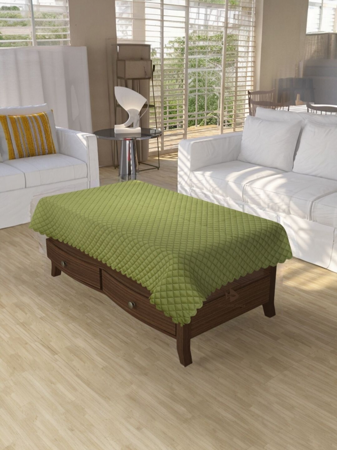 BIGGER FISH Green Anti-Slip Velvet Checkered Cotton 4-Seater Table Cover