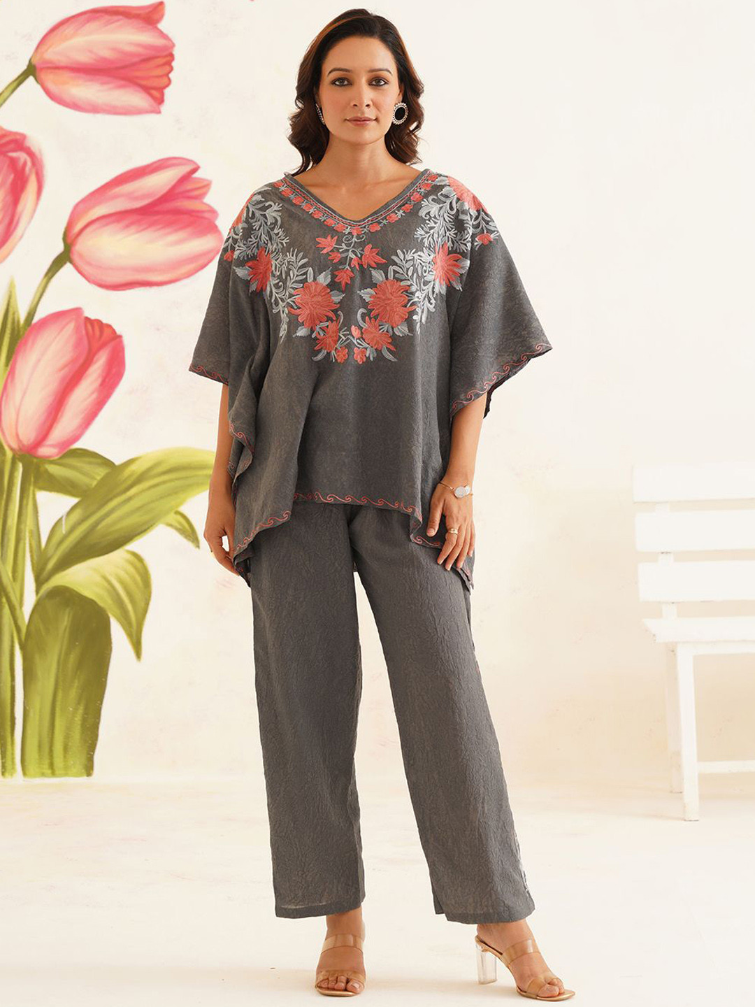 Kashmir Box Kashmiri Aari Embroidery Grey Cotton Kaftan Co-Ord Set