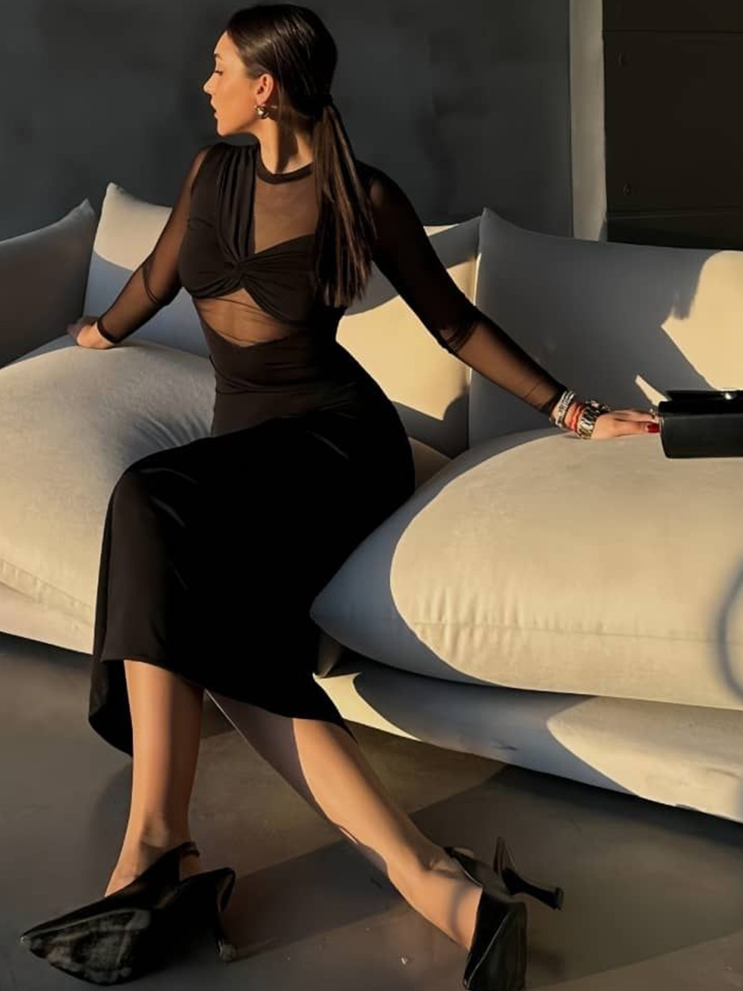 Miss Mosa By Akanksha  Round Neck Long Sleeves Semi Sheer Maxi Dress