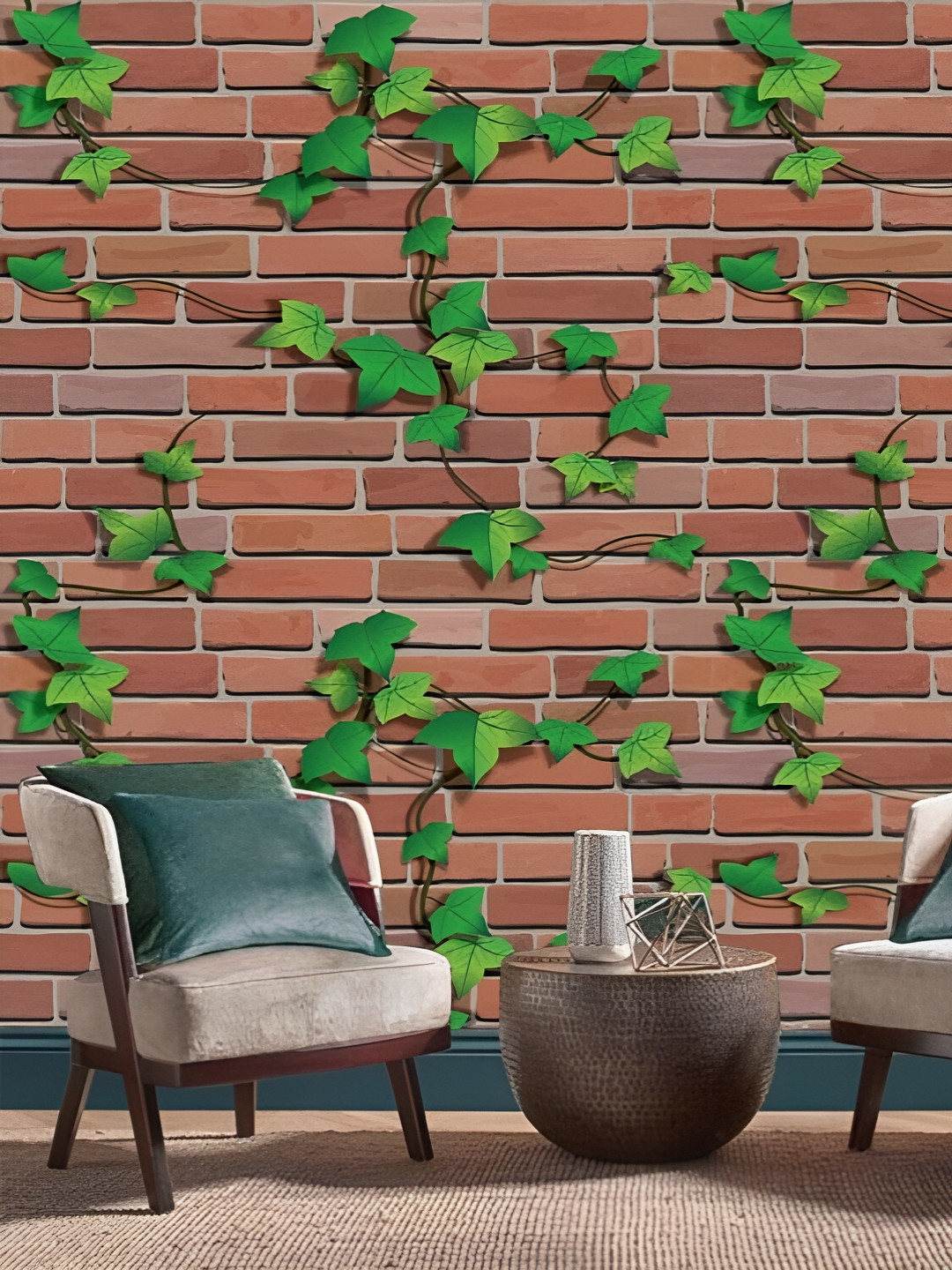 INDIAN ROYALS Green Leaf & Stone Brick Printed Self-Adhesive & Durable Wall Sticker