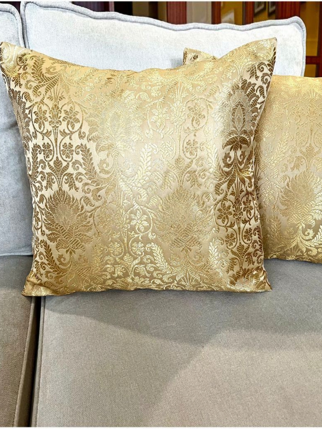 PILOVILO Gold-Toned & Cream-Coloured Set of 2 Ethnic Motifs Square Cushion Covers