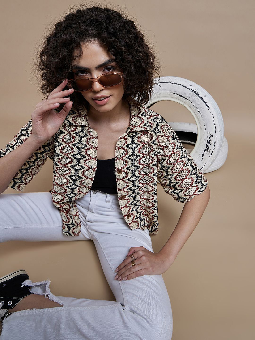 DressBerry Geometric Self Design Cuban Collar Boxy Crochet Cotton Casual Shirt