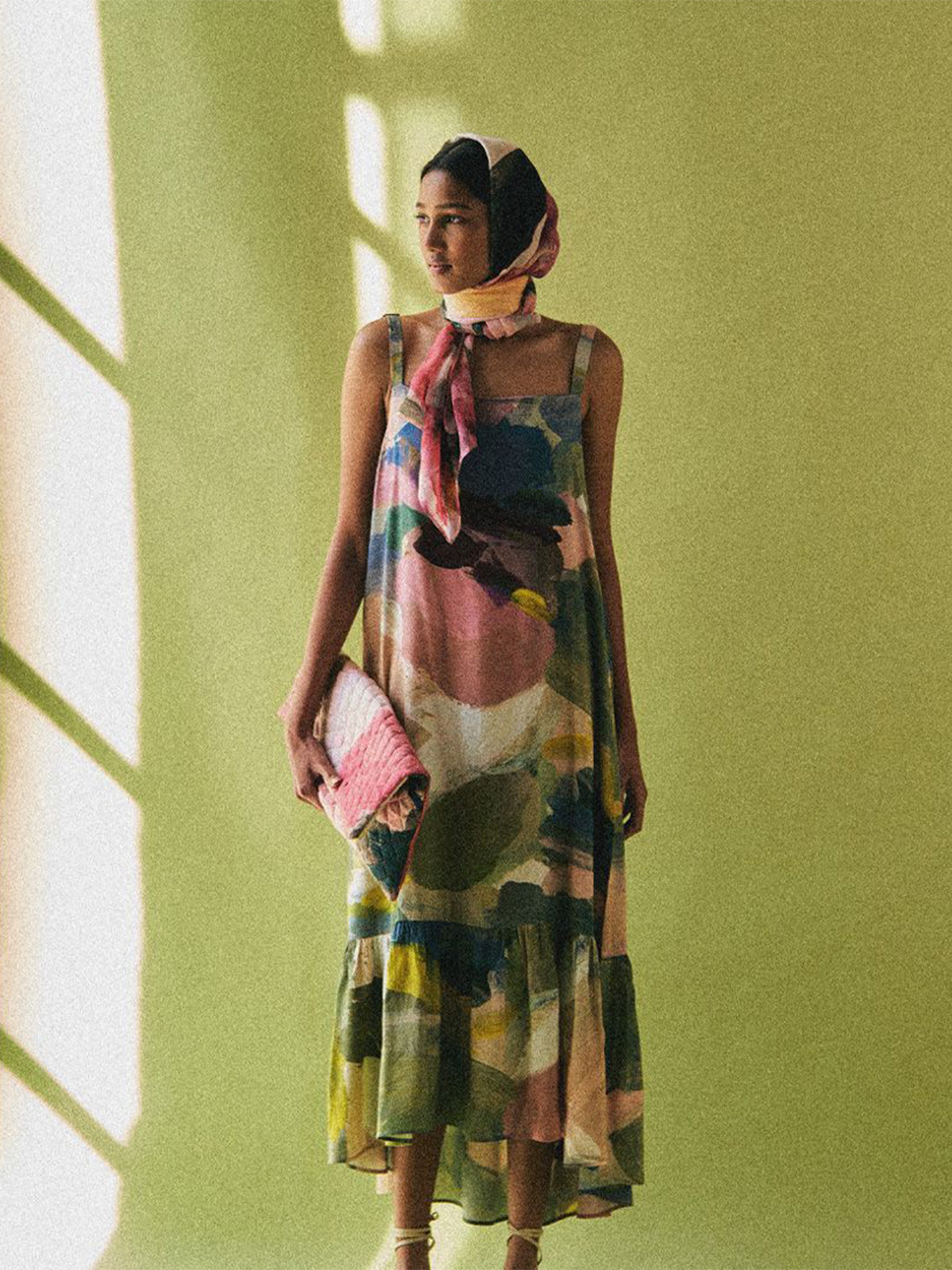 OFRIDA Sunrise Women Abstract Print A-Line Midi Dress With Scarf