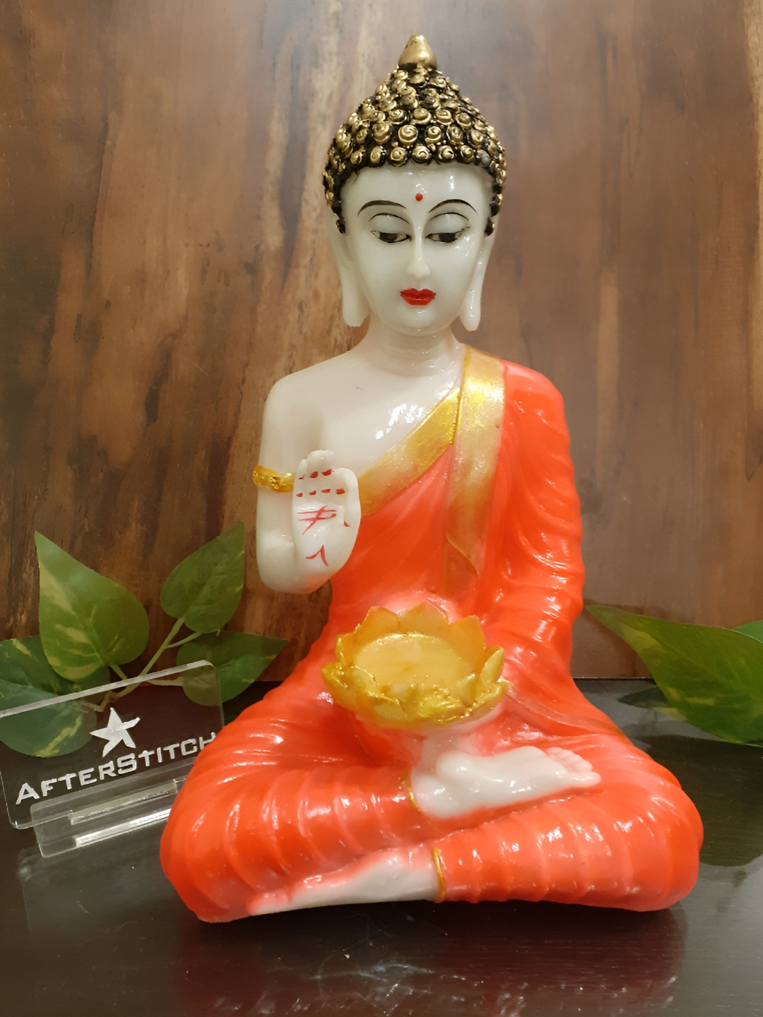 Afterstitch Gautam Buddha with Diya in Hand Orange Polyresin Glossy Prayer Room Medium Showpiece - 10.2 Inches