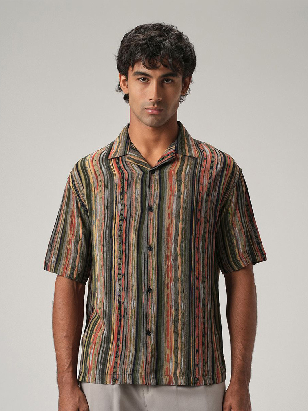 Banana Club Striped Cuban Collar Feather Shirt