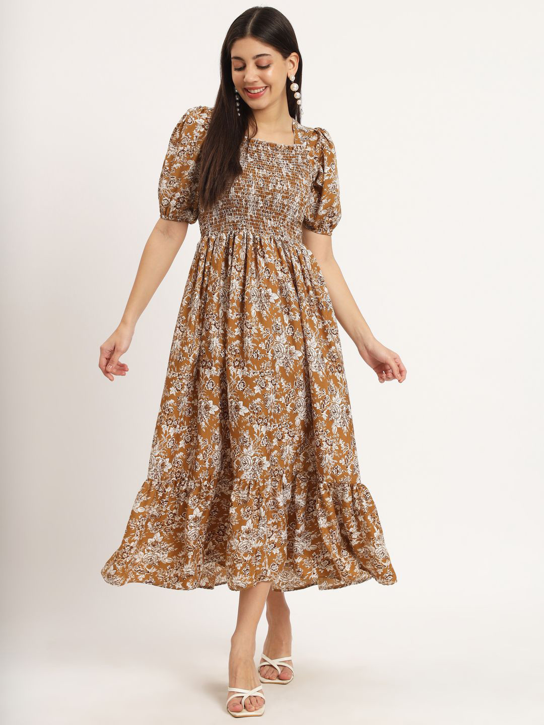 LookShine Women Floral Printed Smocked A-Line Knee Length Dress